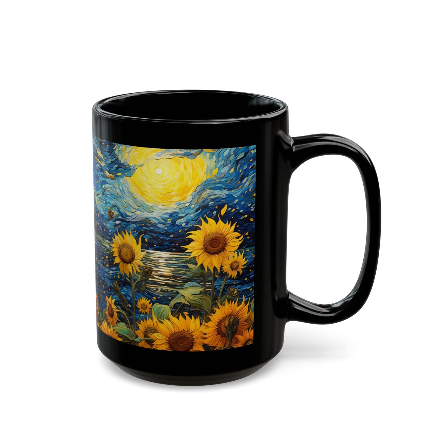 Sunflower Starry Night Black Mug — Van Gogh Style Coffee Cup (11oz, 15oz)