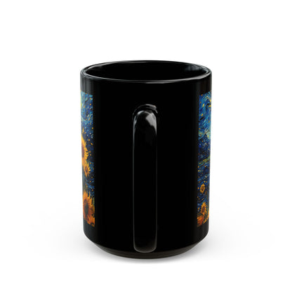 Sunflower Starry Night Black Mug — Van Gogh Style Coffee Cup (11oz, 15oz)