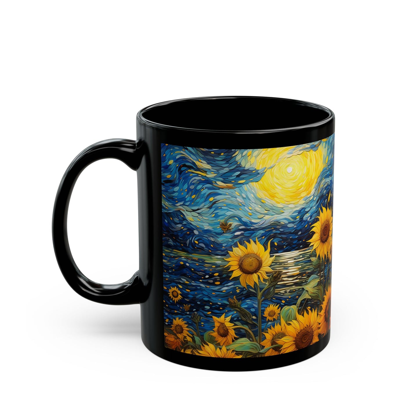 Sunflower Starry Night Black Mug — Van Gogh Style Coffee Cup (11oz, 15oz)
