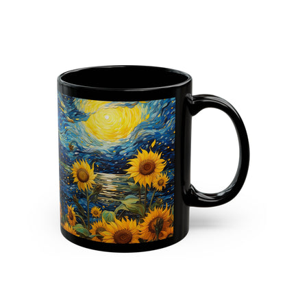 Sunflower Starry Night Black Mug — Van Gogh Style Coffee Cup (11oz, 15oz)