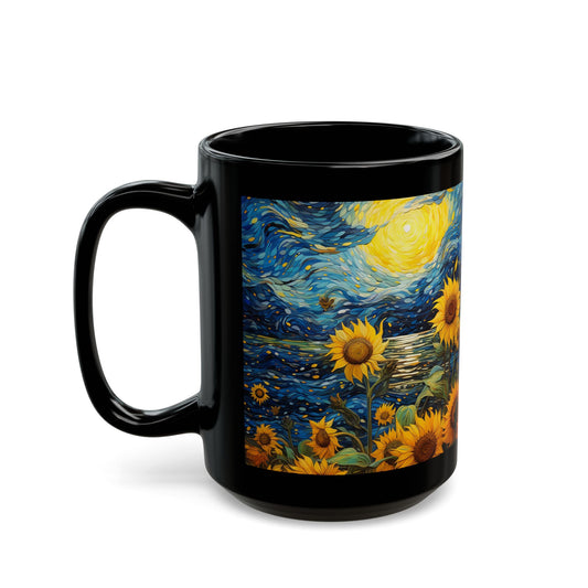 Sunflower Starry Night Black Mug — Van Gogh Style Coffee Cup (11oz, 15oz)