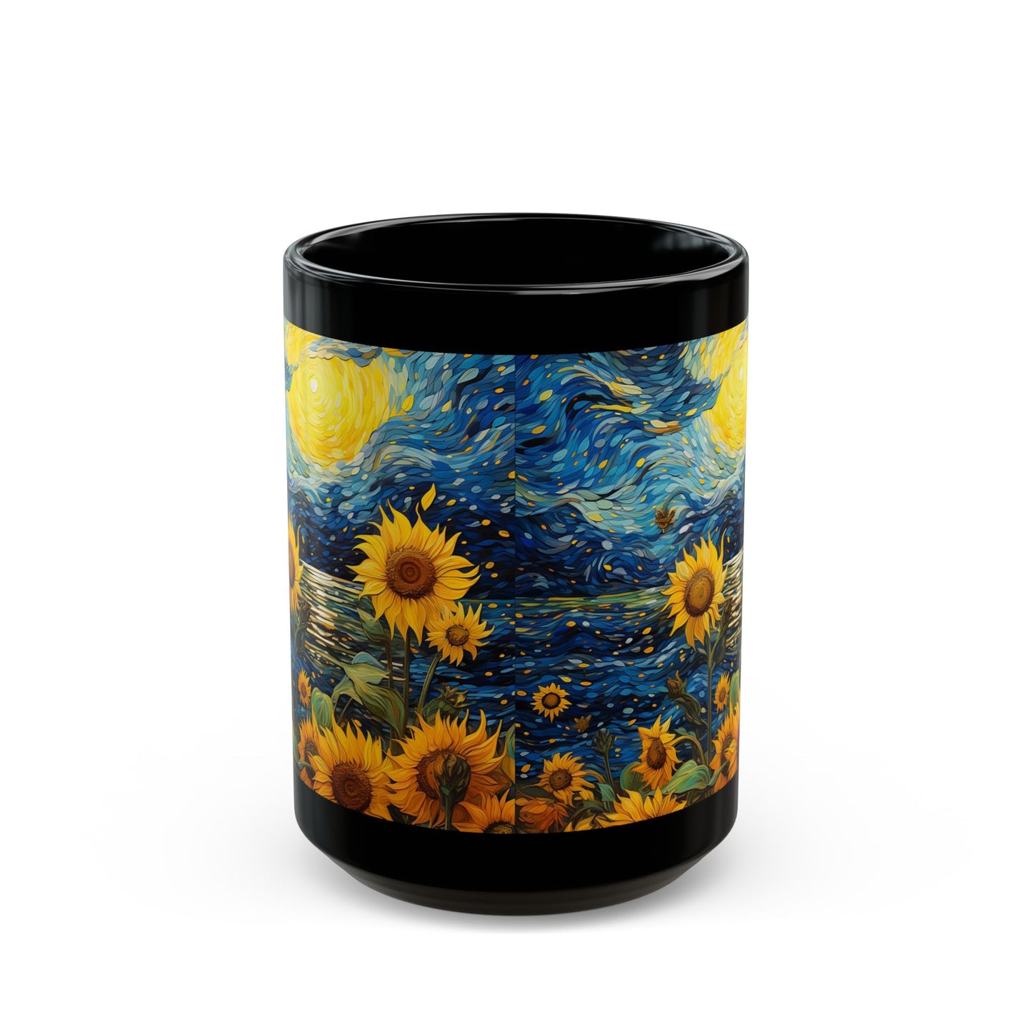 Sunflower Starry Night Black Mug — Van Gogh Style Coffee Cup (11oz, 15oz)