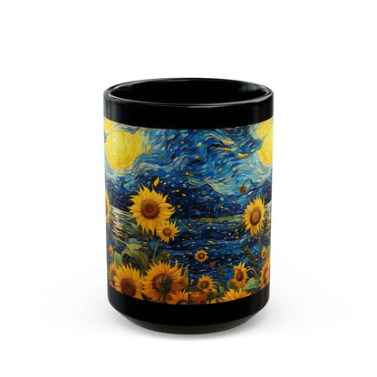 Sunflower Starry Night Black Mug — Van Gogh Style Coffee Cup (11oz, 15oz)