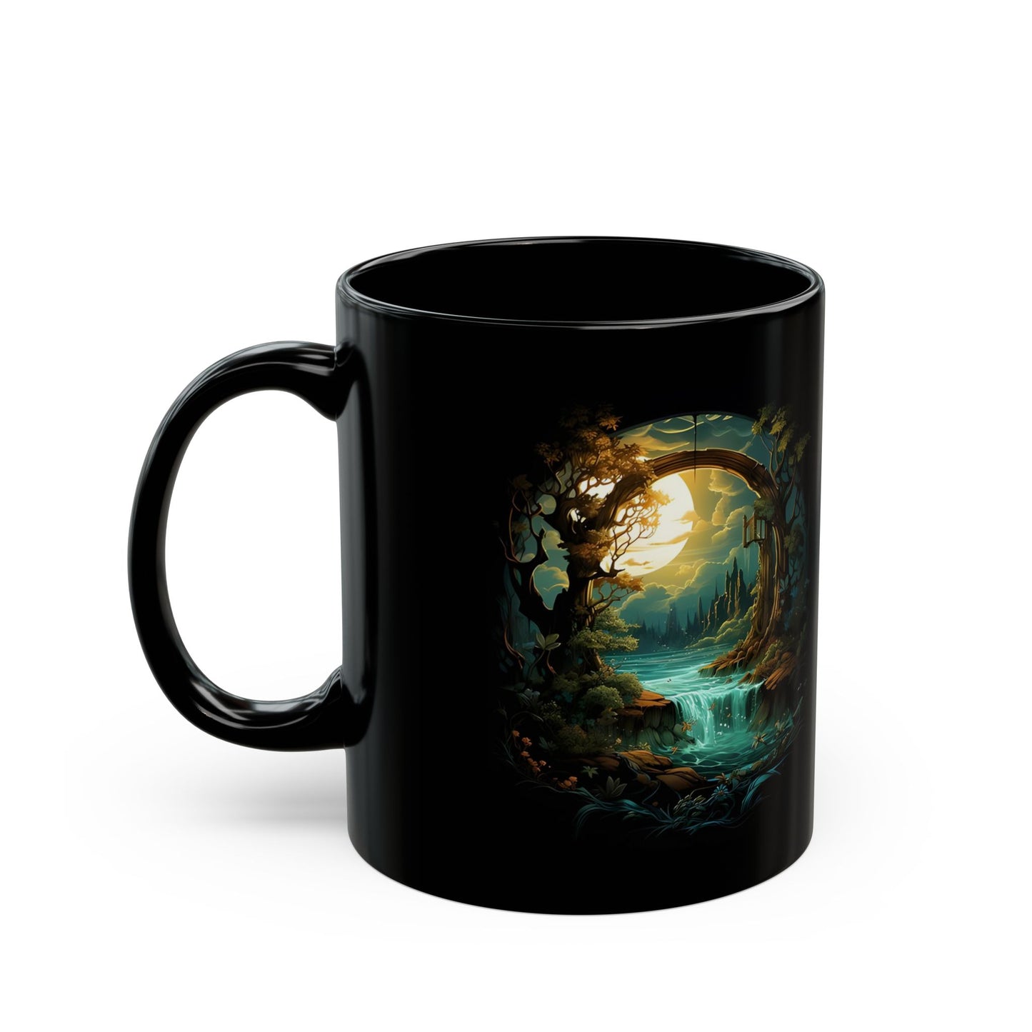 Fantasy Portal Black Mug – Enchanted Forest Moonlit Scene (11oz, 15oz)