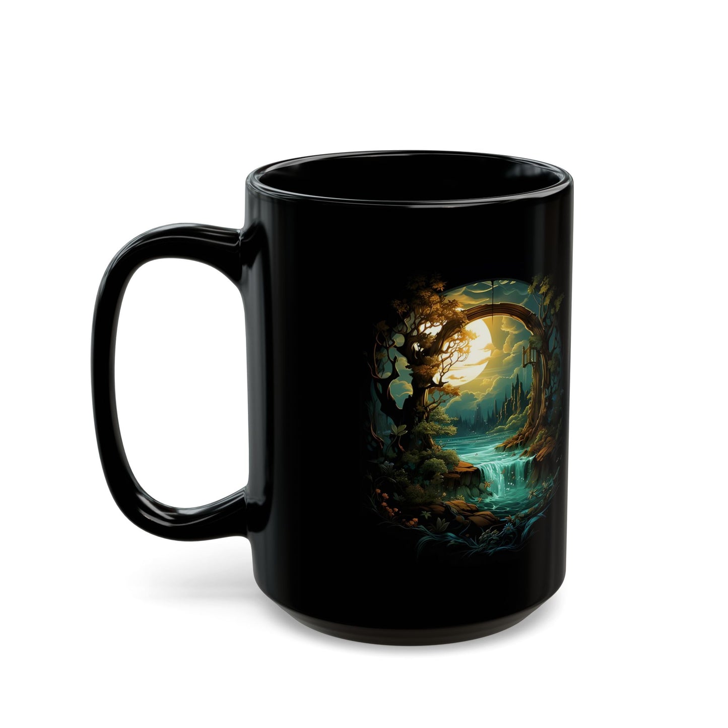 Fantasy Portal Black Mug – Enchanted Forest Moonlit Scene (11oz, 15oz)
