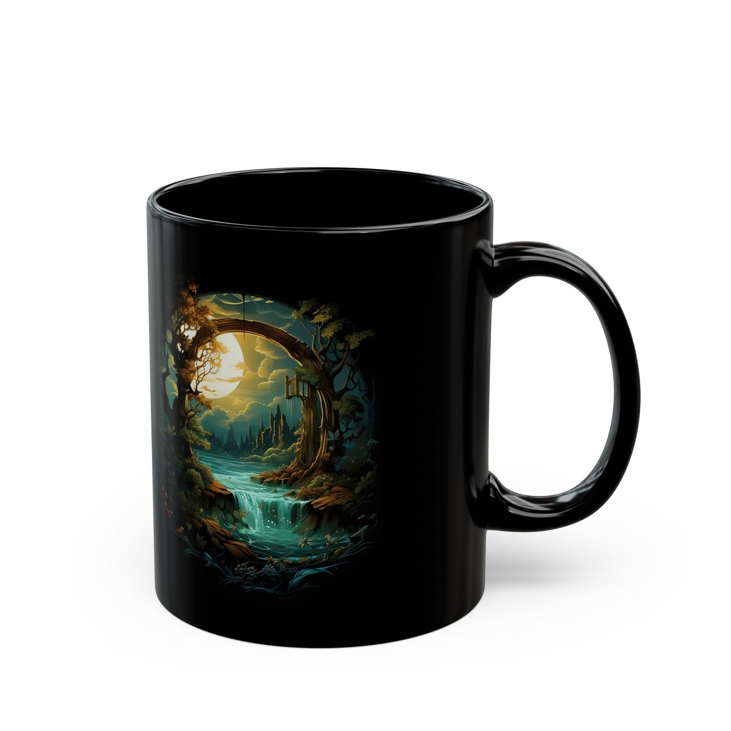 Fantasy Portal Black Mug – Enchanted Forest Moonlit Scene (11oz, 15oz)