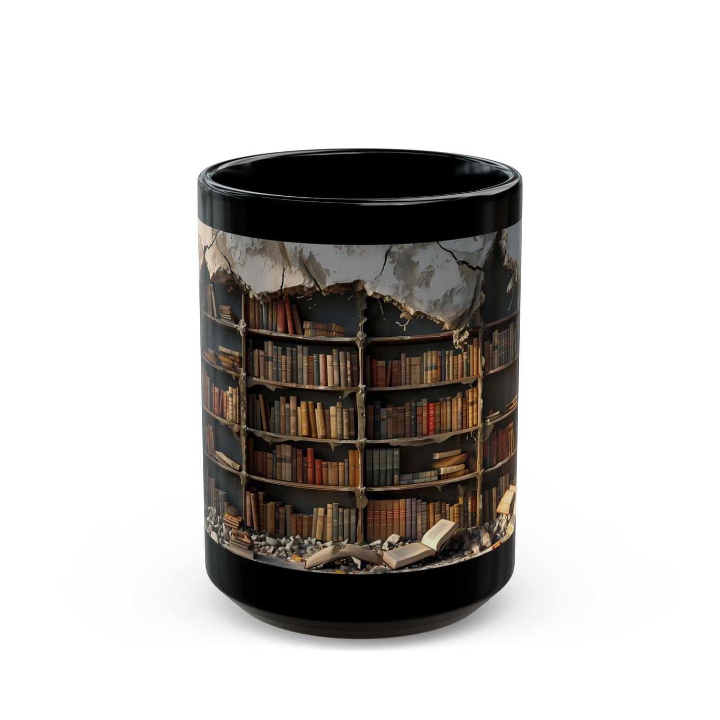 3D Bookshelf Coffee Mug — Black Ceramic (11oz, 15oz)
