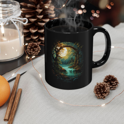 Fantasy Portal Black Mug – Enchanted Forest Moonlit Scene (11oz, 15oz)