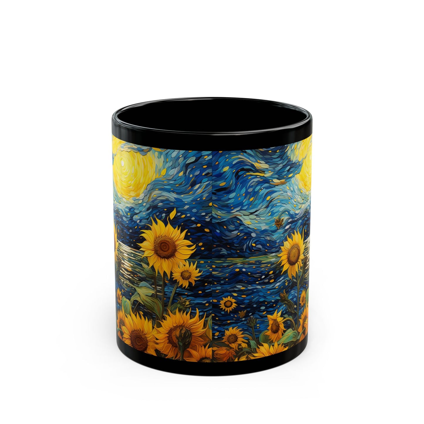 Sunflower Starry Night Black Mug — Van Gogh Style Coffee Cup (11oz, 15oz)