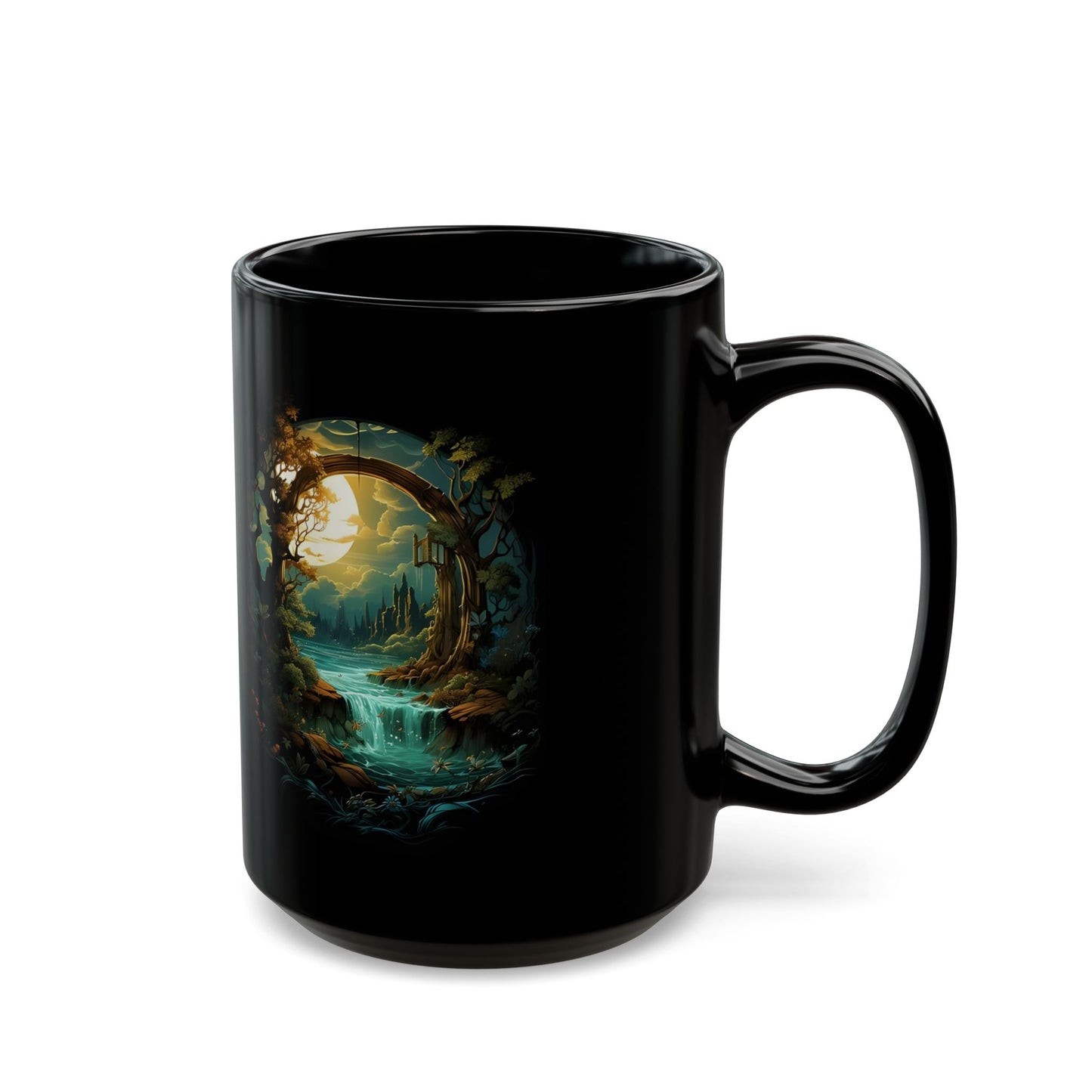 Fantasy Portal Black Mug – Enchanted Forest Moonlit Scene (11oz, 15oz)