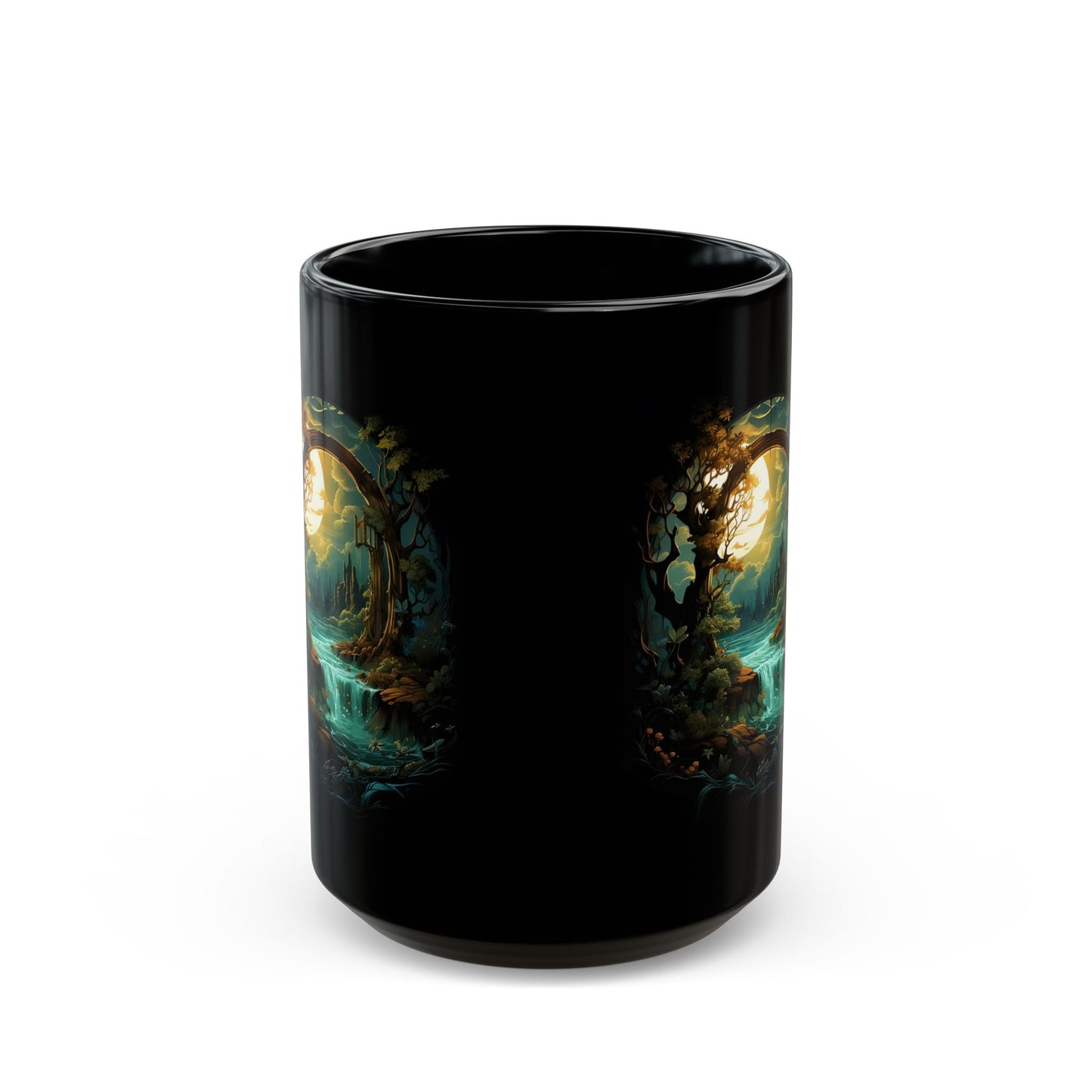 Fantasy Portal Black Mug – Enchanted Forest Moonlit Scene (11oz, 15oz)