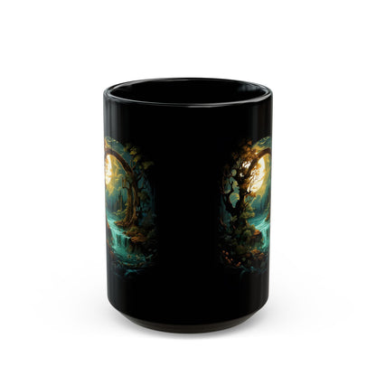 Fantasy Portal Black Mug – Enchanted Forest Moonlit Scene (11oz, 15oz)